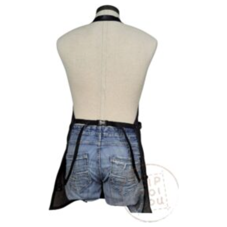 Zipmoilou - Tablier de jeans noir Kangaroo Jack avec 2 poches cuir cognac Très Grand