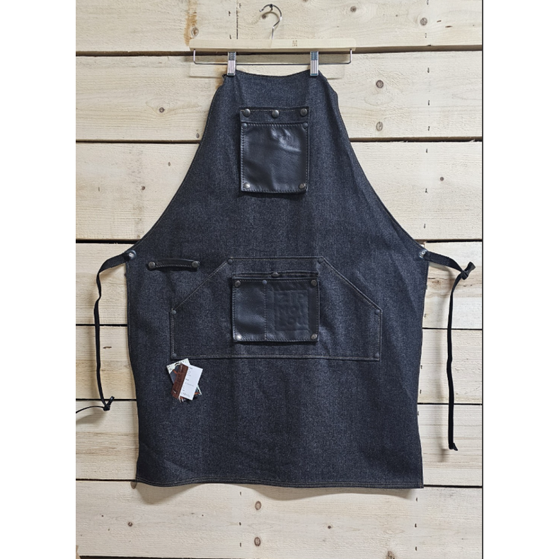 Zipmoilou - Tablier en Jeans noir Kangaroo Jack Grand avec 2 poches cuirs noires