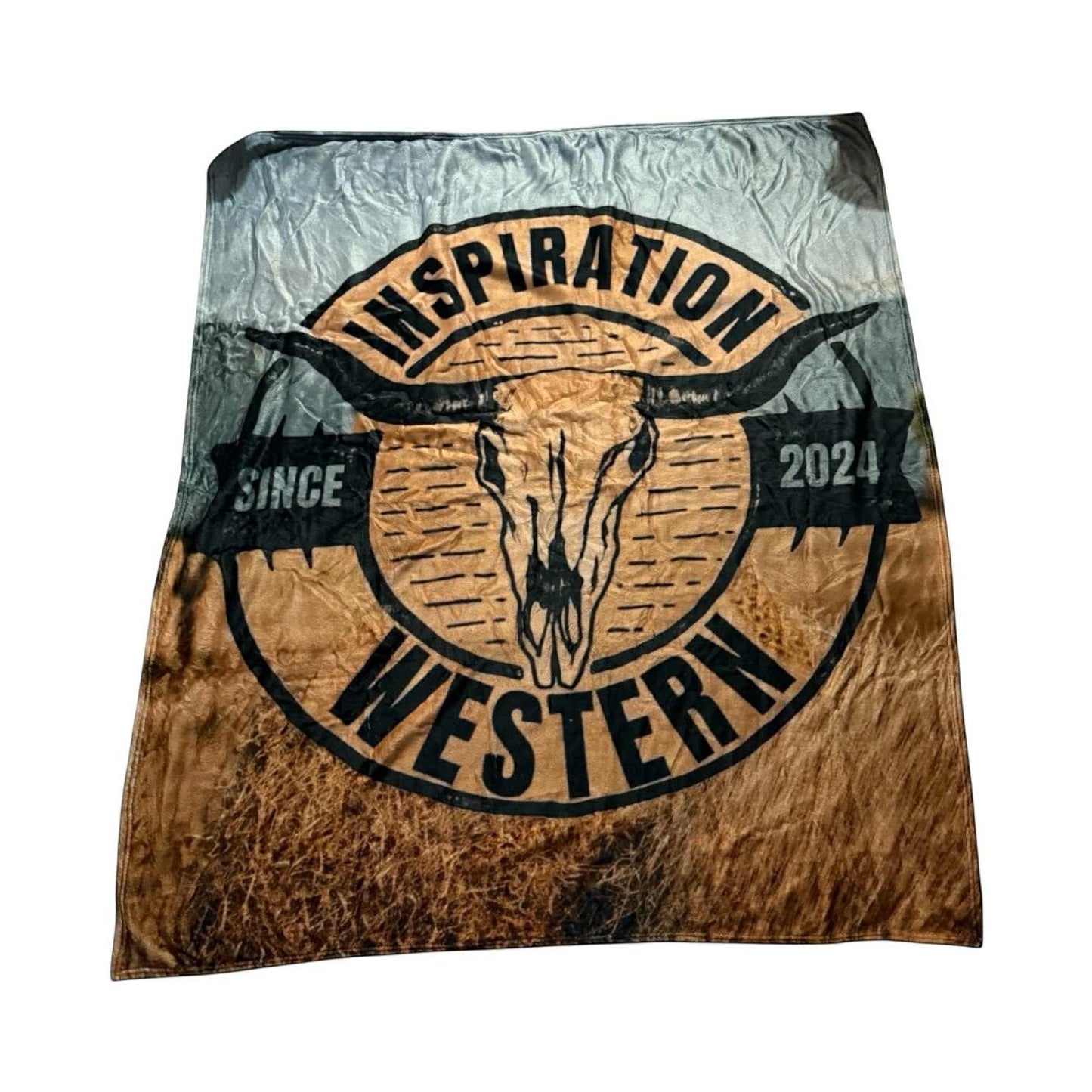 Inspiration Western - Couverture douce Inspiration Western – Modèle Foin & Crâne Longhorn lettre bleu