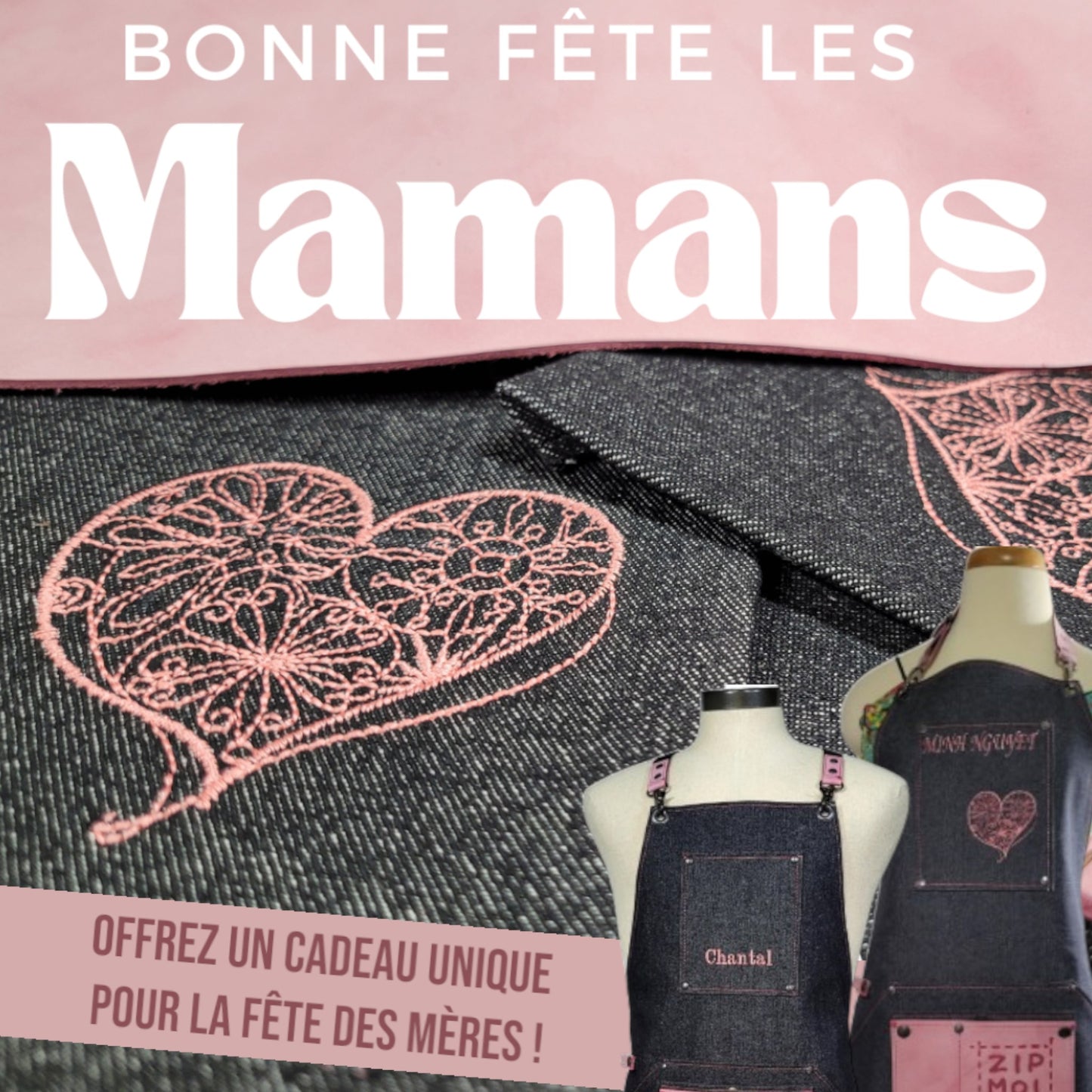 Zipmoilou - Tablier de jeans poche rose en cuir Éditon spéciale fête des Mères