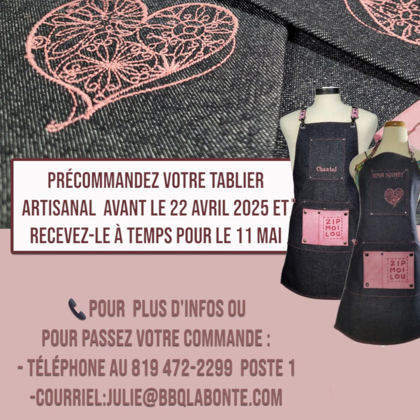 Zipmoilou - Tablier de jeans poche rose en cuir Éditon spéciale fête des Mères