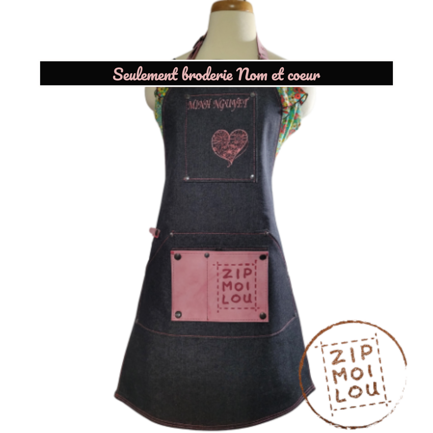 Zipmoilou - Tablier de jeans poche rose en cuir Éditon spéciale fête des Mères