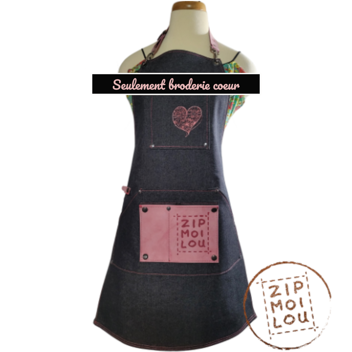 Zipmoilou - Tablier de jeans poche rose en cuir Éditon spéciale fête des Mères