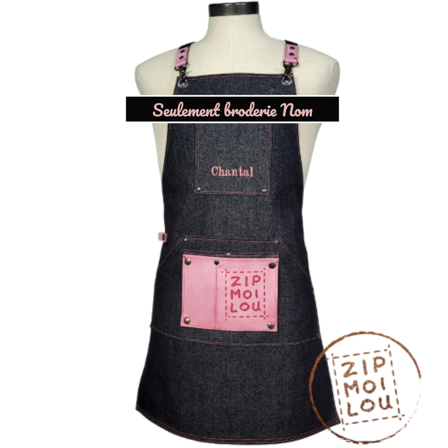 Zipmoilou - Tablier de jeans poche rose en cuir Éditon spéciale fête des Mères