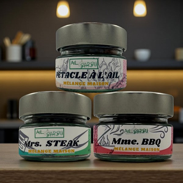 Coffret Ail Barbu #3 – La Pétacle à l’Ail, Mme BBQ & Mrs Steak Mélange Maison