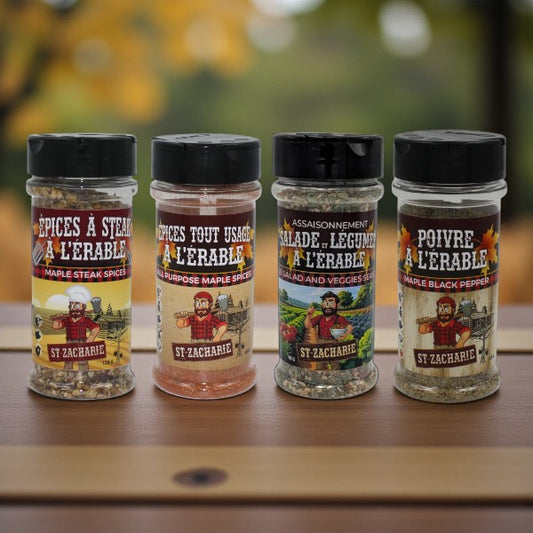 Ensemble d’épices St-Zacharie – Poivre, Tout usage, Légumes & Steak à l’érable