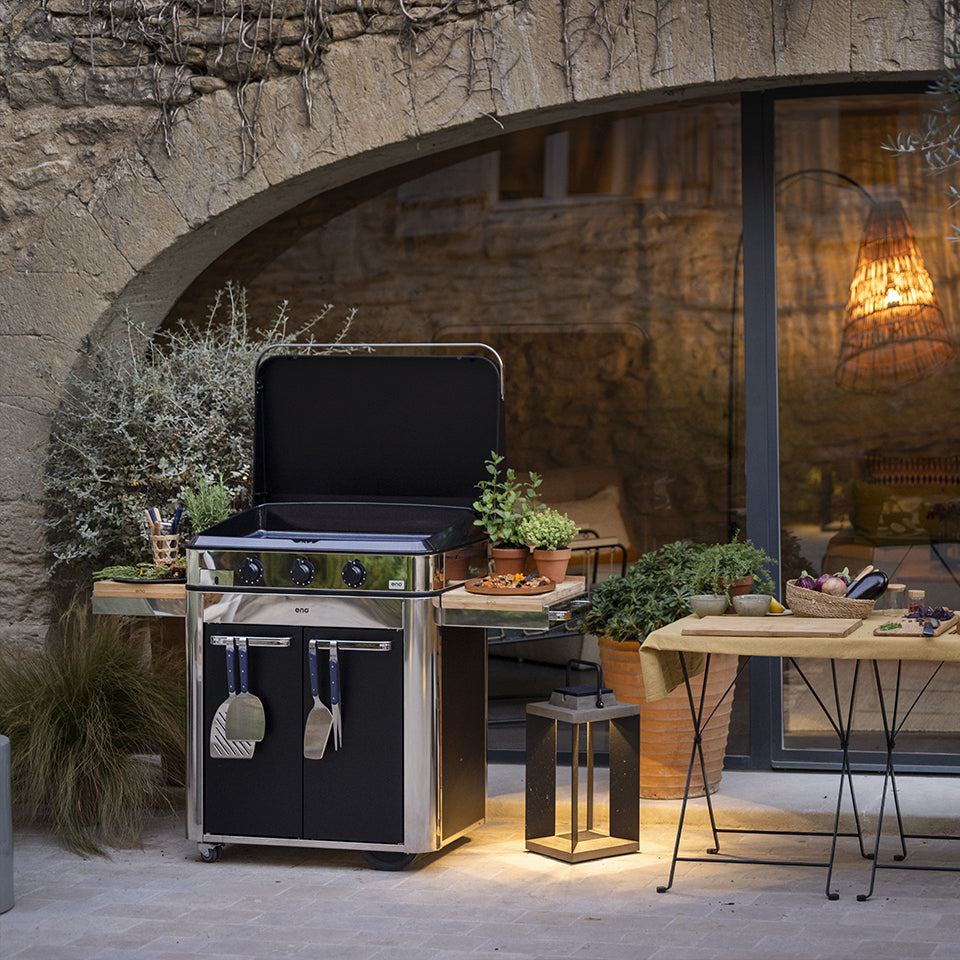 Eno - Ensemble Plancha 3 brûleurs et chariot ENOSIGN 80 cm Noir et Inox
