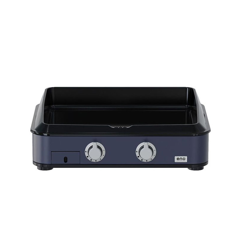 Eno - Plancha à gaz Enosign 65 en fonte émaillée, 2 brûleurs, bleu navy vue de face