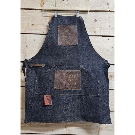 Zipmoilou - Tablier en Jeans noir Kangaroo Jack Régulier avec 2 poches cuirs pub