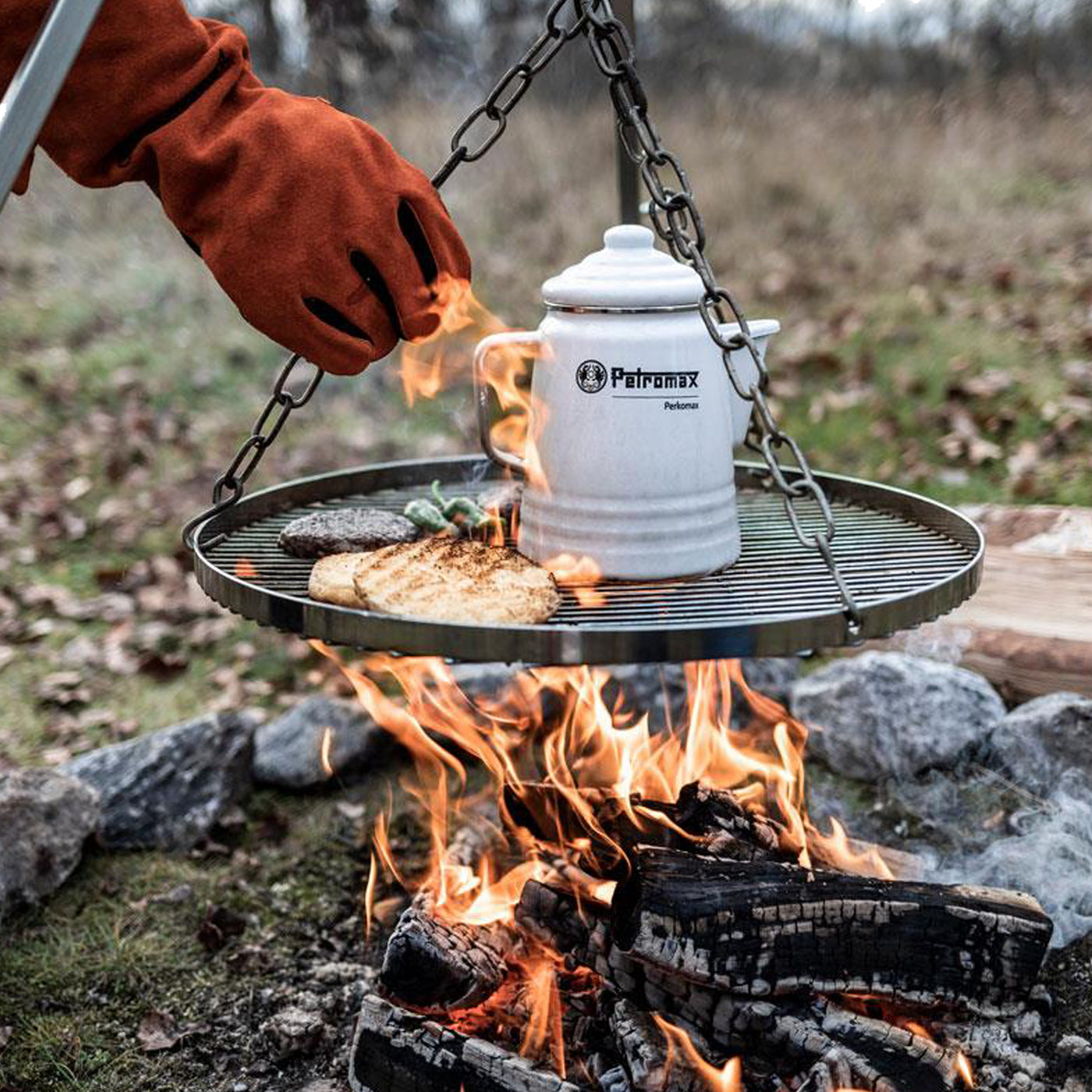 Grille de cuisson rotative feu de camp en fonte avec poignée en bois et  porte-pot