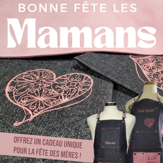 Zipmoilou  - Tablier de jeans poche rose en cuir Éditon spéciale fête des Mères