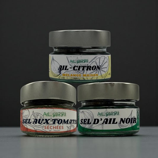 Coffret Ail Barbu #2 – Ail Citron, Sel aux Tomates & Sel d’Ail Noir