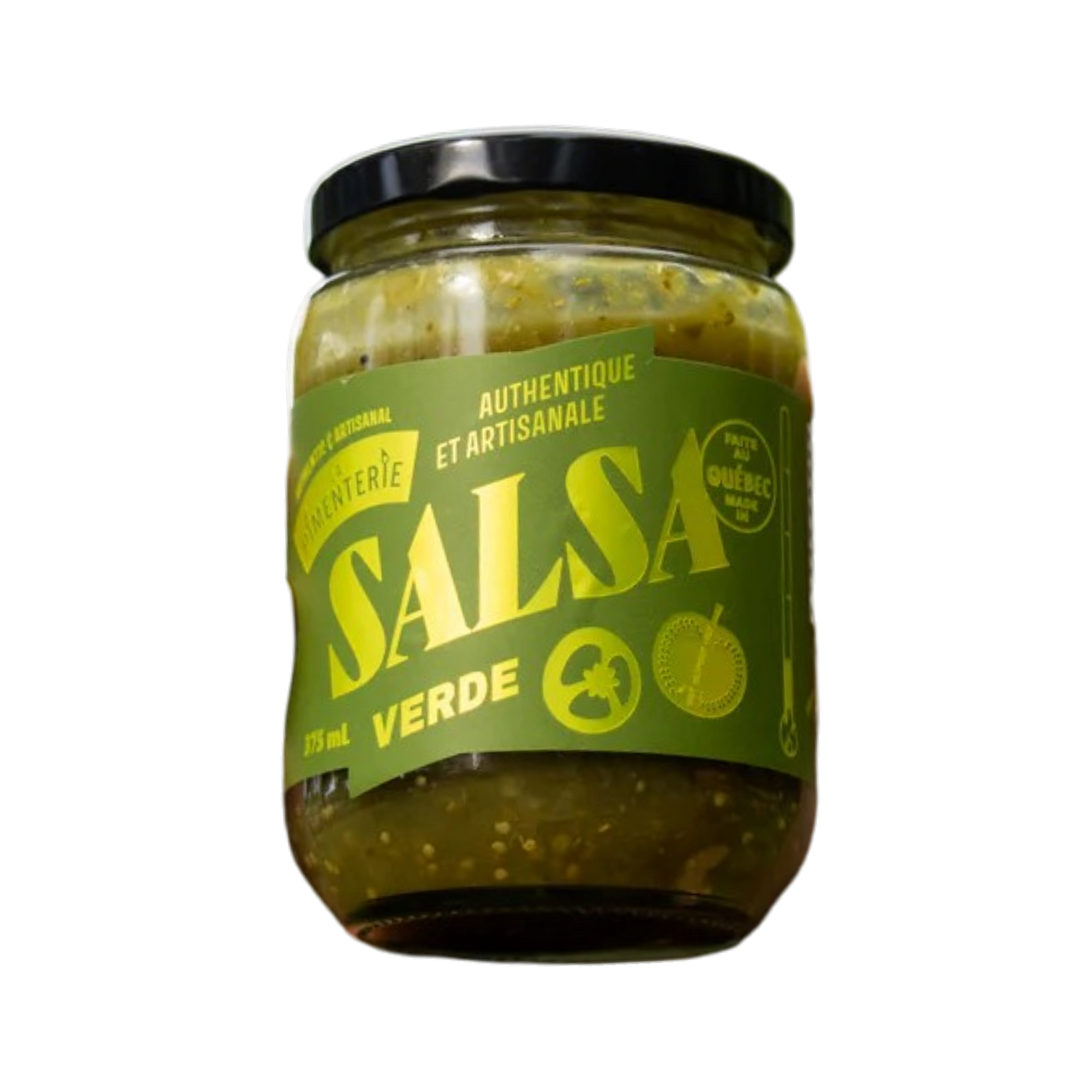 bouteille de sauce piquante mexicaine sur fond texturé, produit du Québec
