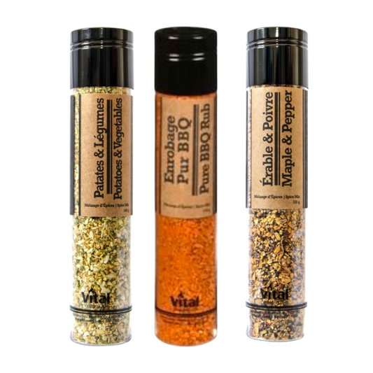 Trio Vital – Épices Patates & Légumes, Enrobage BBQ, Érable & Poivre | BBQ Labonté