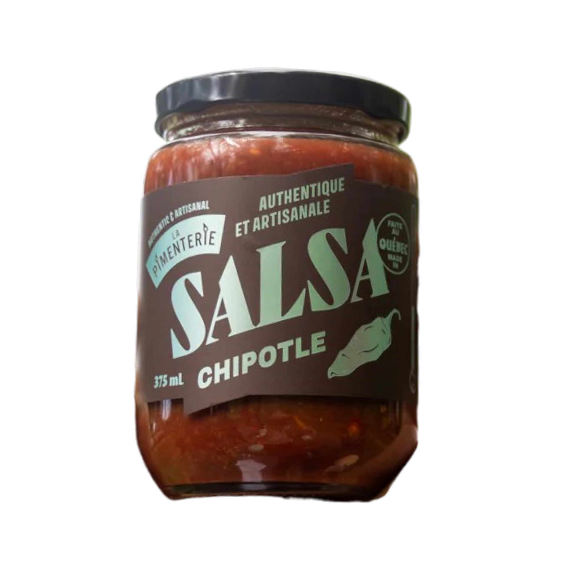 La Pimenterie Salsa Chipotle – bouteille sur fond transparent, sauce fumée au chipotle et habanero, produit du Québec