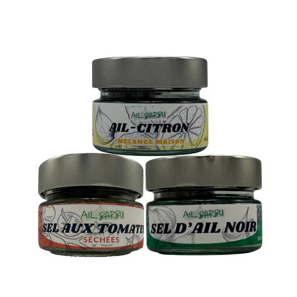 Coffret Ail Barbu #2 – Ail Citron, Sel aux Tomates & Sel d’Ail Noir