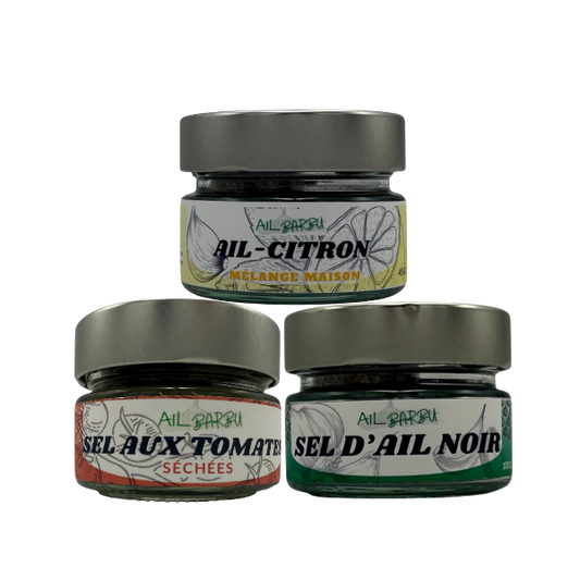 Coffret Ail Barbu #2 – Ail Citron, Sel aux Tomates & Sel d’Ail Noir